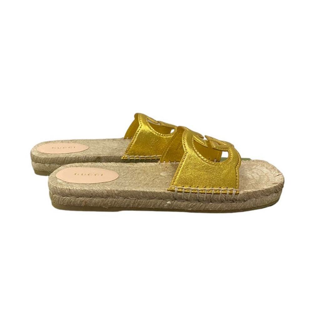 Gucci Interlocking G Cut Out Espadrille Gold Leather GG Slide Sandal 38.5 - Picture 4 of 10